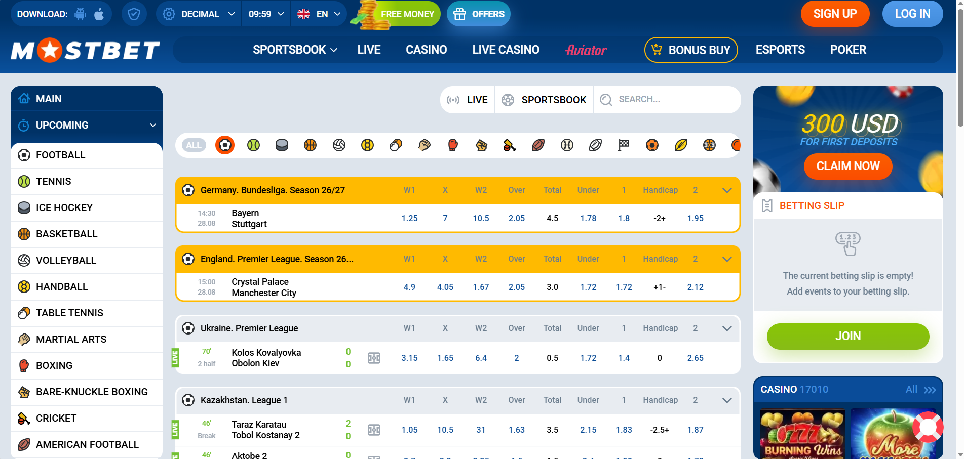 Mostbet Official Sportsbook Live Betting Line Layout